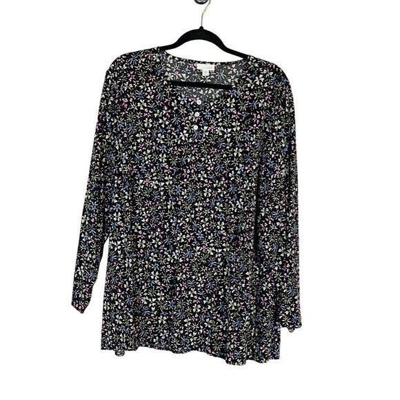 J Jill Top 2X Black Pullover Floral Feminine Neutral Preppy Classic Mature 80s - Picture 1 of 11